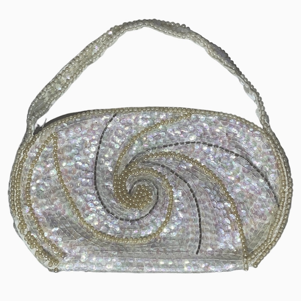 La Regale Vintage Evening Clutch Bag 1960 Pearl Beaded Sparkle Sequin Off White - Picture 8 of 16